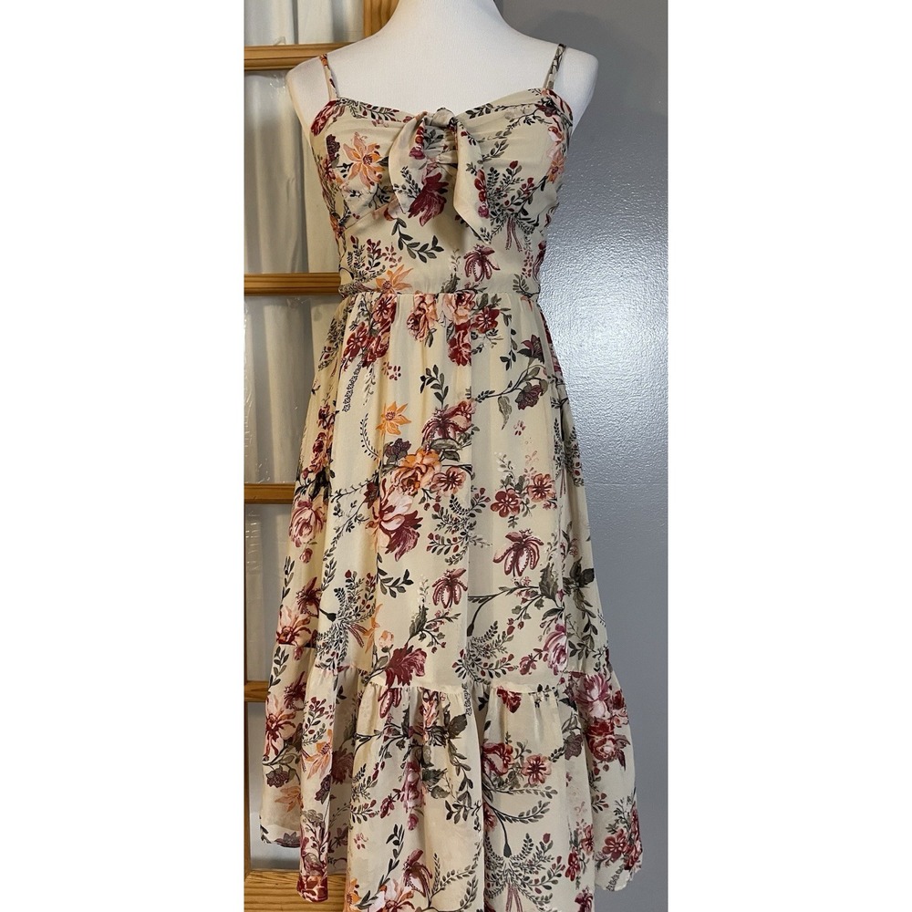 As U Wish Floral Midi Dress Sz M Beige Red Built In Bra Ruffles Smocked Prairie